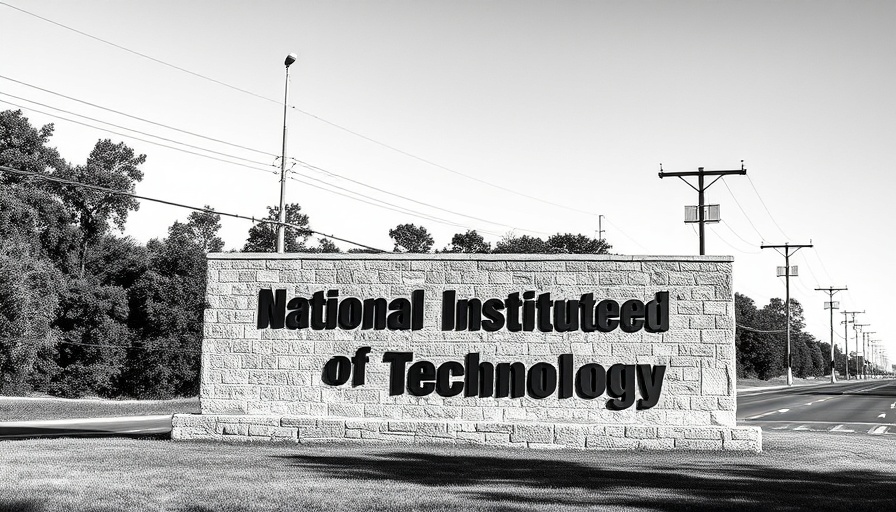 NIST monument sign at roadside, black and white with clear sky.