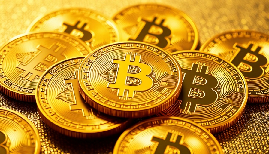 Stylized golden Bitcoin coins on a sparkling background.