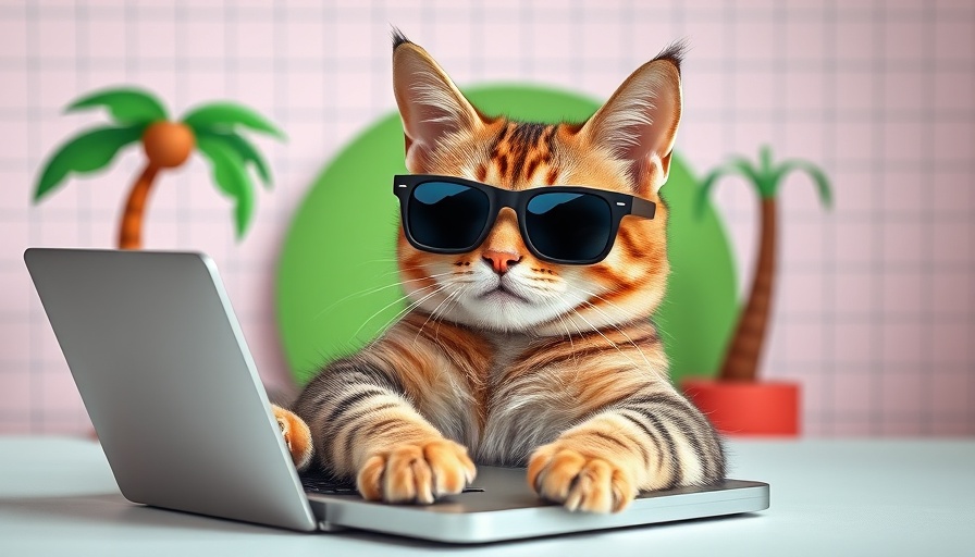 Humorous cat with sunglasses using laptop, AI Hype Index theme.