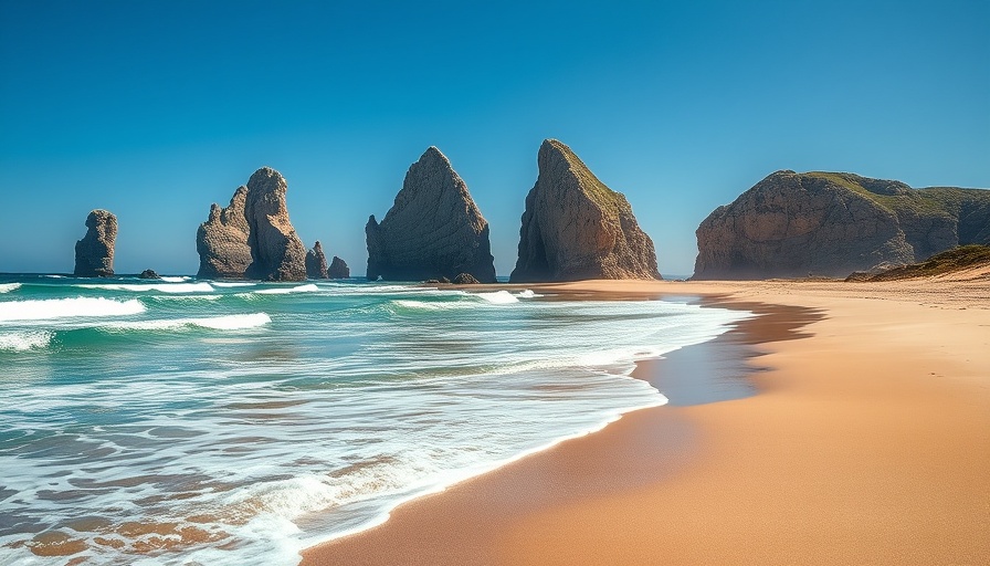 Dramatic sea stacks and sandy beach under clear sky.