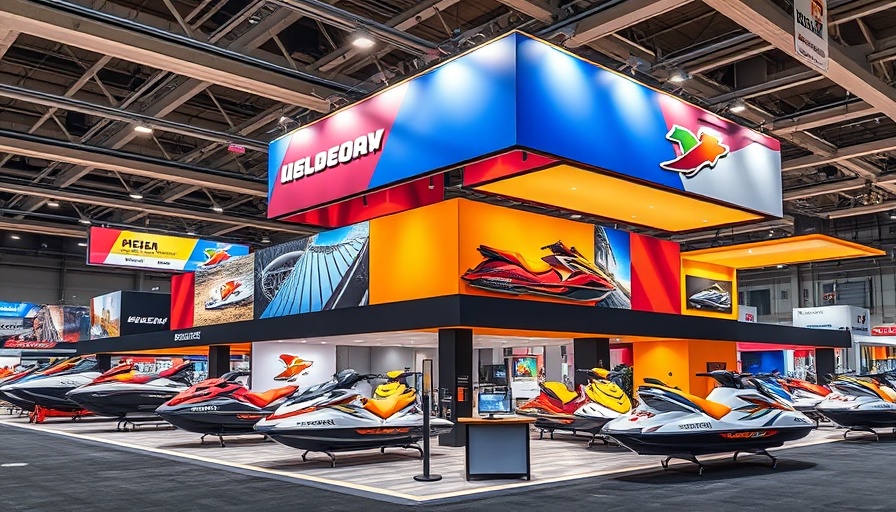 Vibrant booth with colorful watercraft at a BRP trade show, showcasing products amid North America sales decline.