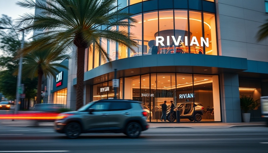 Rivian showroom with vehicle and palm tree on urban street, modern architecture.