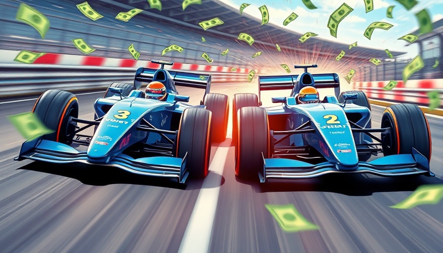 Stylized F1 cars racing with flying money in F1 25 Video Game.