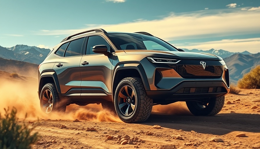 New Electric Xterra Off-Roader driving on rugged terrain, mountains in background.