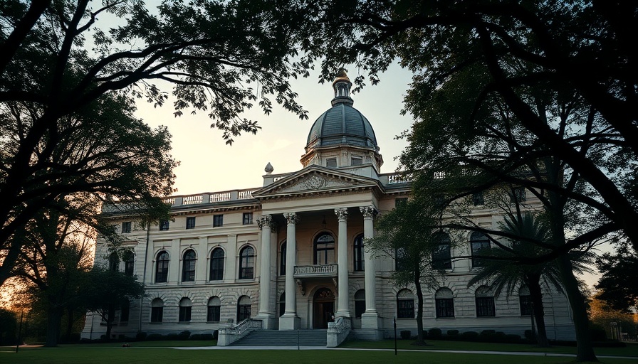 Classical government building under evening light, capturing DOGE plan to disrupt USAID funding theme.