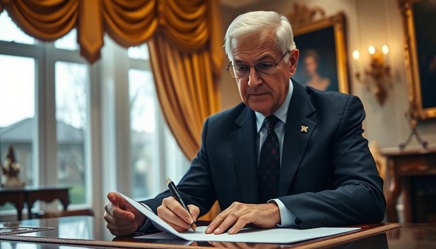 Elderly man signing documents in opulent office, 25% Auto Tariffs discussion