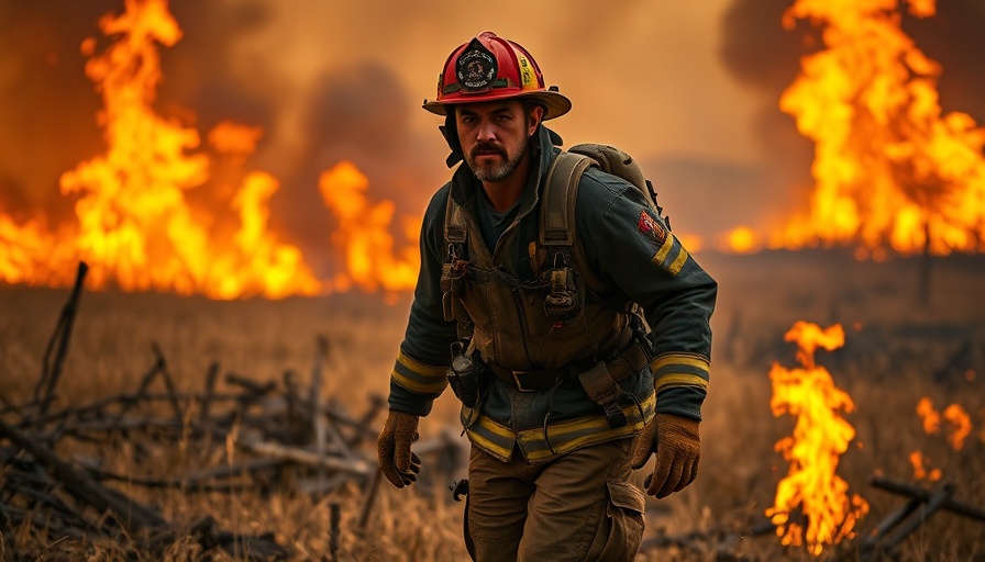 Firefighter confronting wildfire, walking with burning debris, illustrating wildfire prediction technology.