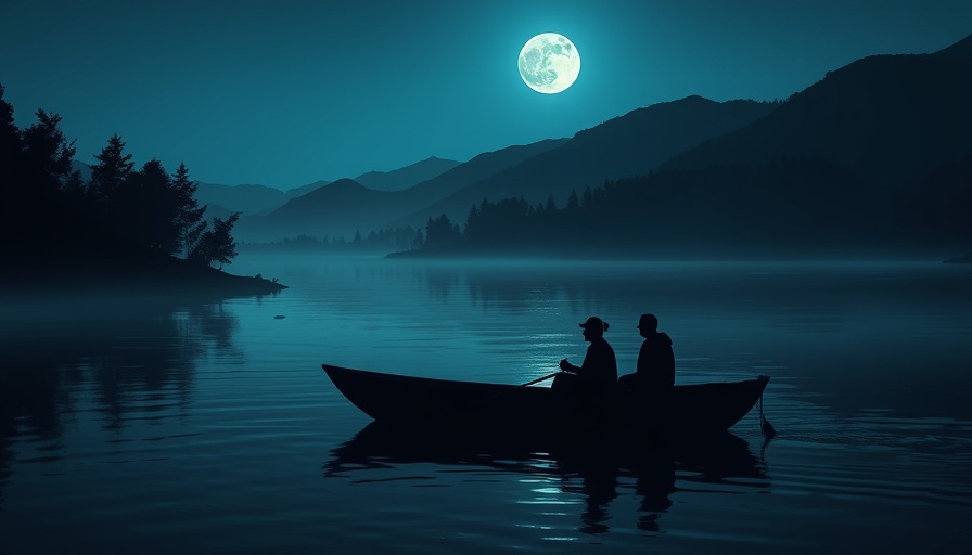Silhouetted figures in a boat at night, serene river scene