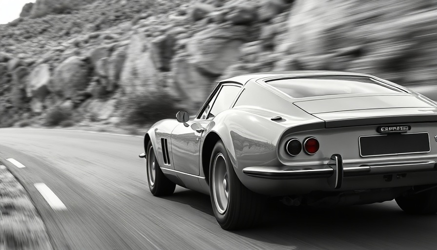 Action shot of vintage sports car on rocky path.