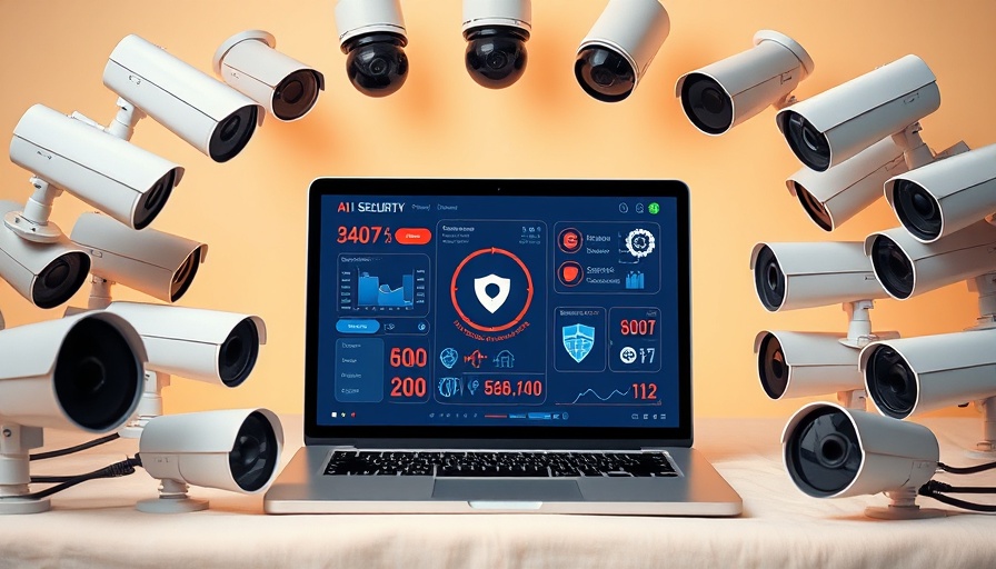 Laptop screen showing AI security software interface with surrounding CCTV cameras.