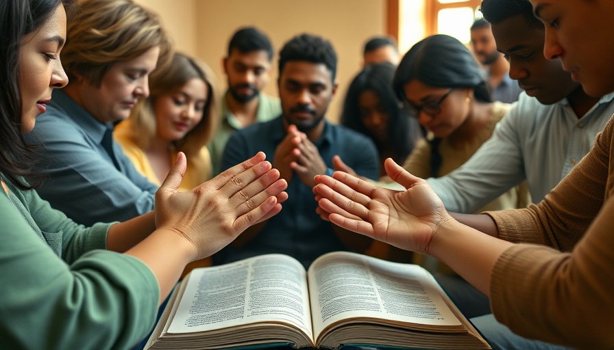 Faith-based group holding hands over a Bible in prayer.