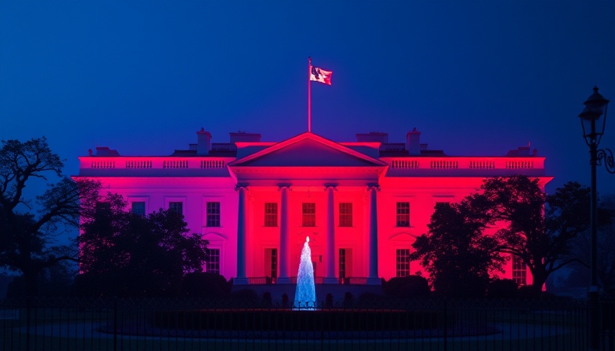 Signal app logo framing the White House in red with blue backdrop, SignalGate concept.