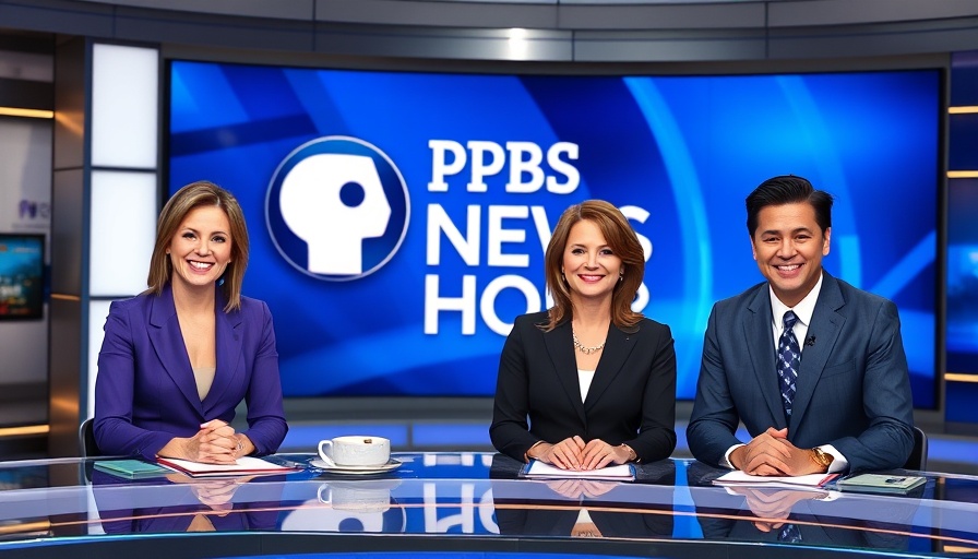 PBS News Hour Co-Managing Editors seated at news desk in modern studio.