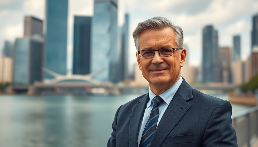 Professional man near river with city skyline