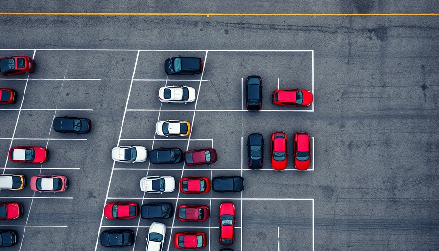 Aerial parking lot view representing auto stocks down after tariffs.