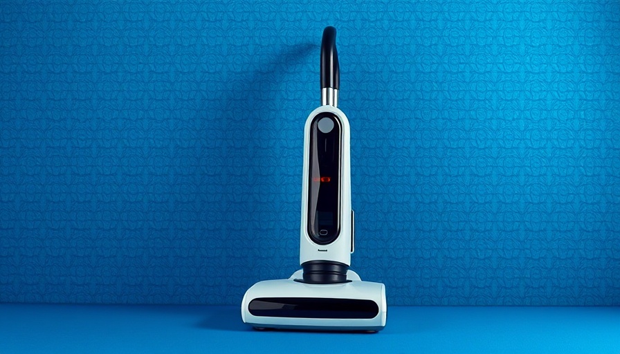 Sleek robot vacuum against blue patterned background - robot vacuum deals.