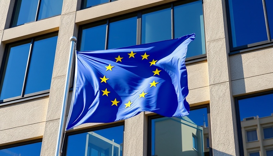 EU regulations symbolized by flag on office building.
