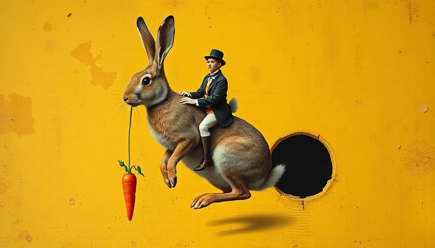 Surreal collage art of a person riding a giant hare with a carrot on a stick.