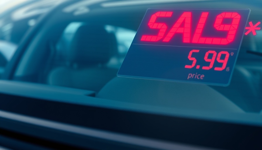 Car windshield with bright sale price, highlighting the impact of tariffs on auto dealership pricing.