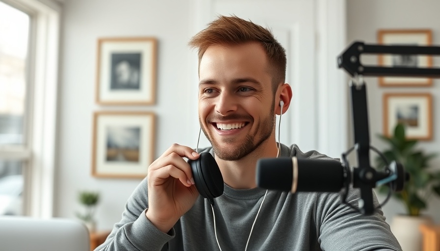 Man in home office with microphone discussing cloud technology data transformation AI.