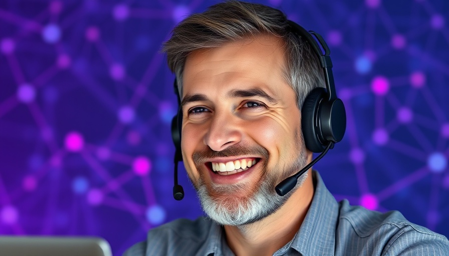 Man using headset on virtual call with ExtremeCloud Edge cloud theme.
