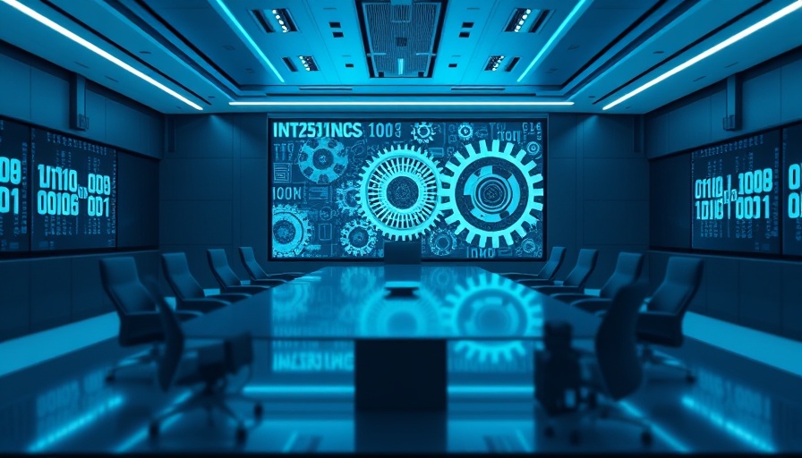 Futuristic conference room with digital binary overlay showcasing DRAM Failover Technology.