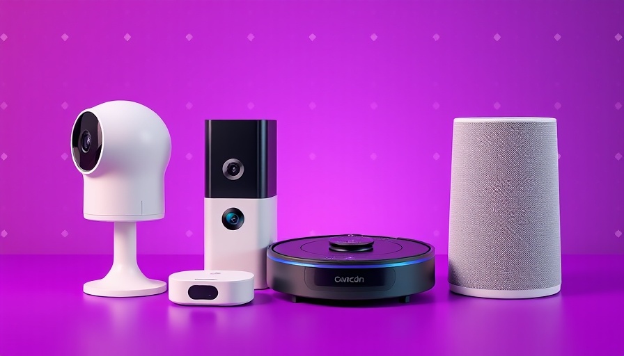 Smart home gadgets on purple background for Smart Home Big Spring Deals.