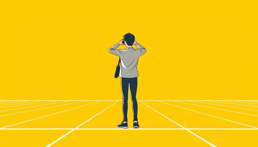 Minimal person at starting line with binoculars on yellow background, scaling agentic AI