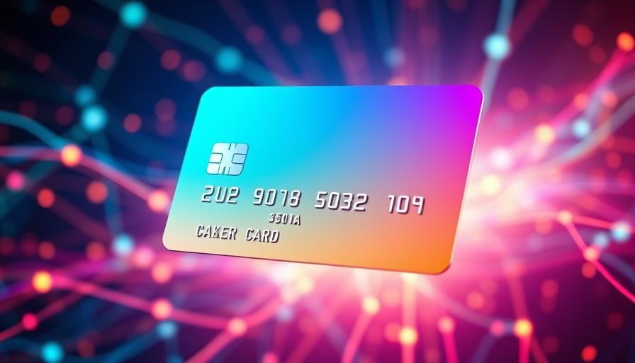 Futuristic credit card in colorful digital network; analyze your credit card spending with AI.