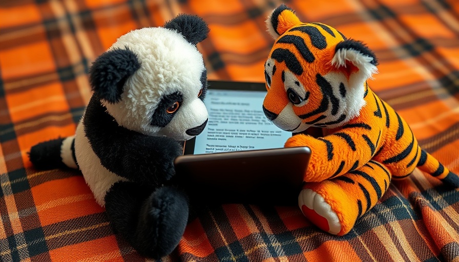 Plush panda and tiger with tablet, symbolizing Human-Allied AI and Differential Privacy.