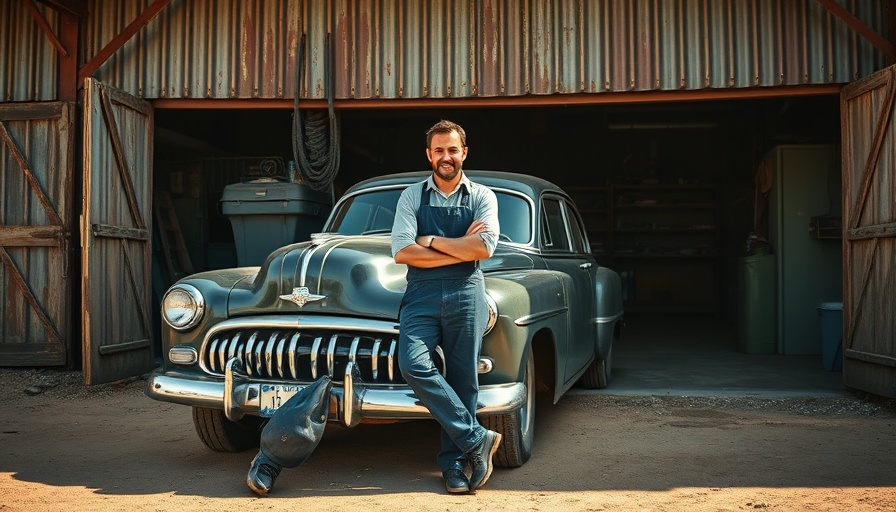 Mechanic by garage with classic car under bright sunlight.