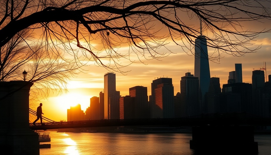 New York City skyline at sunset with silhouetted figure on bridge, related to natural gas ban court ruling.