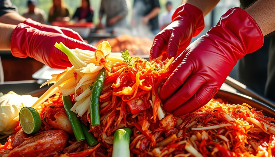 Hands preparing kimchi with cabbage and spices in sunlight, learning to make kimchi.