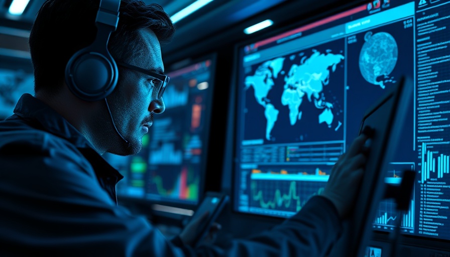 Cybersecurity analyst in a high-tech command center analyzing global digital data.