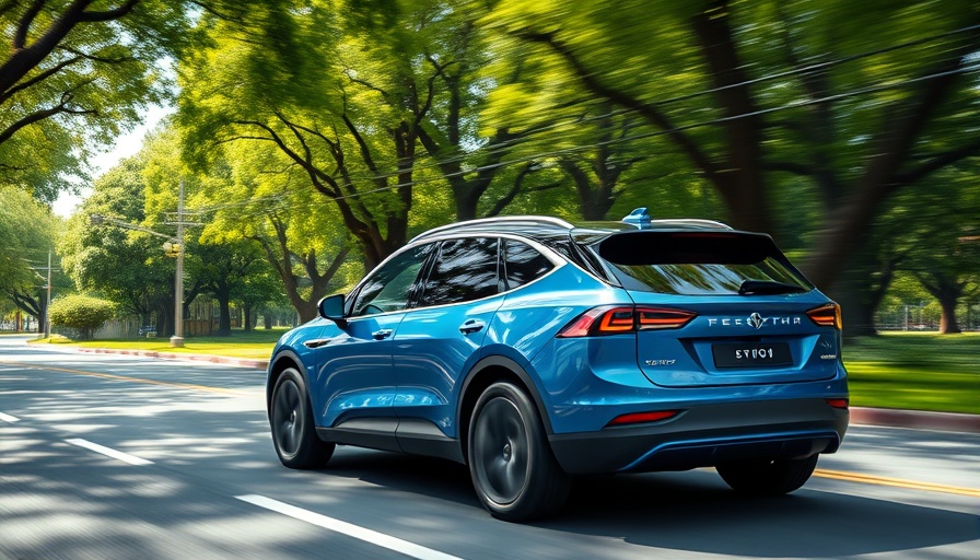Sleek electric SUV cruising on leafy street, showcasing E-fuse technology in automotive innovation.
