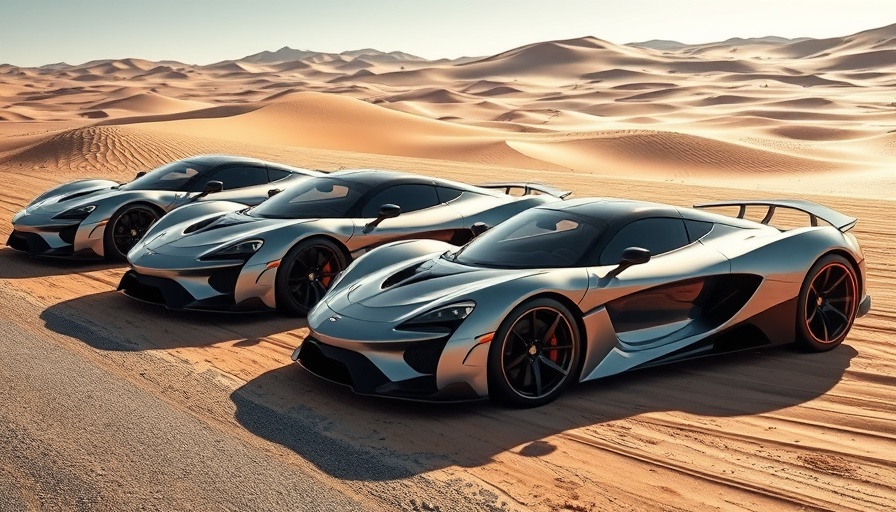 Sleek supercars cruising through the desert landscape.