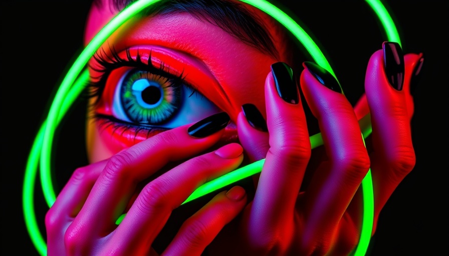 AI image generator database exposure in surreal art piece with eye, lips, and neon lines.
