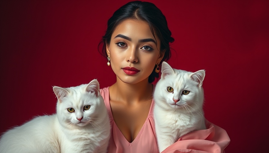 Celebrity influencer in pink dress sitting with cats, calm setting.