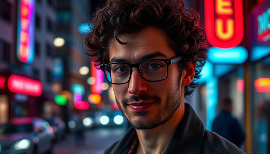 Man in glasses at night with neon lights, Behind the Screens CinemaCon setting.