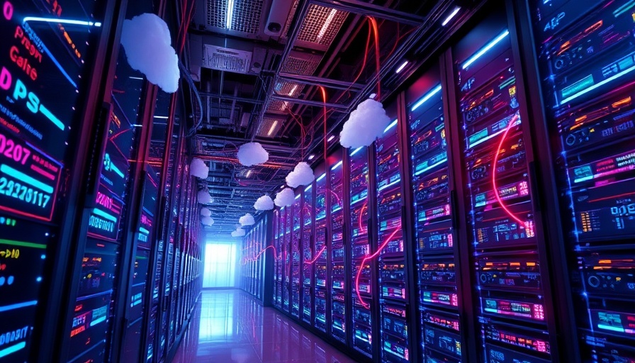 Futuristic AI data center infrastructure with vibrant data streams.