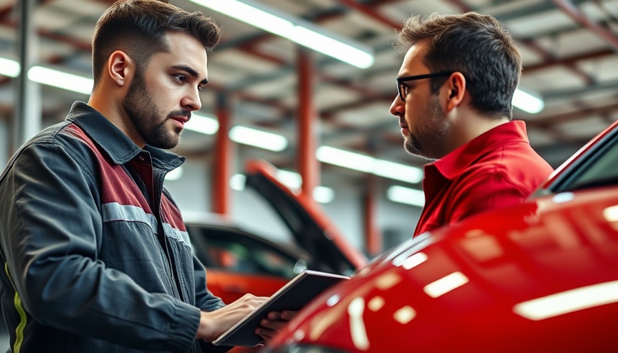 Mechanic and customer discussing car in service department communication.