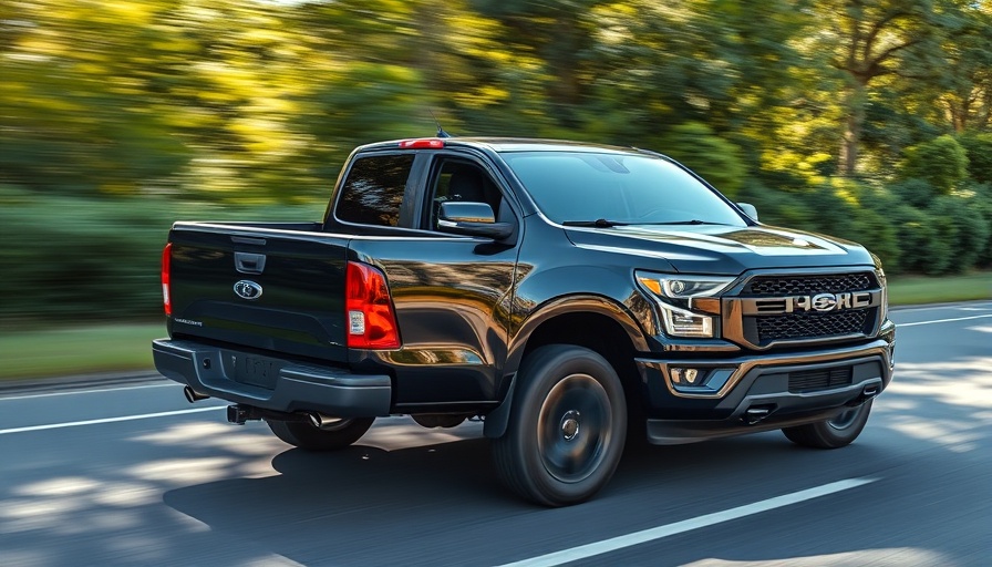 Black pickup truck on a road with greenery around.