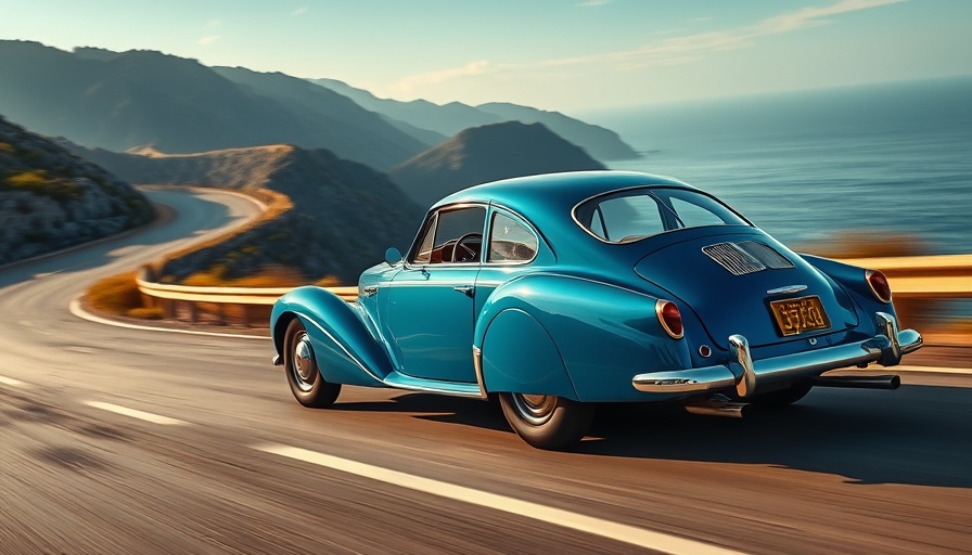Vintage blue car on coastal road at sunset, Runway AI Video Generator