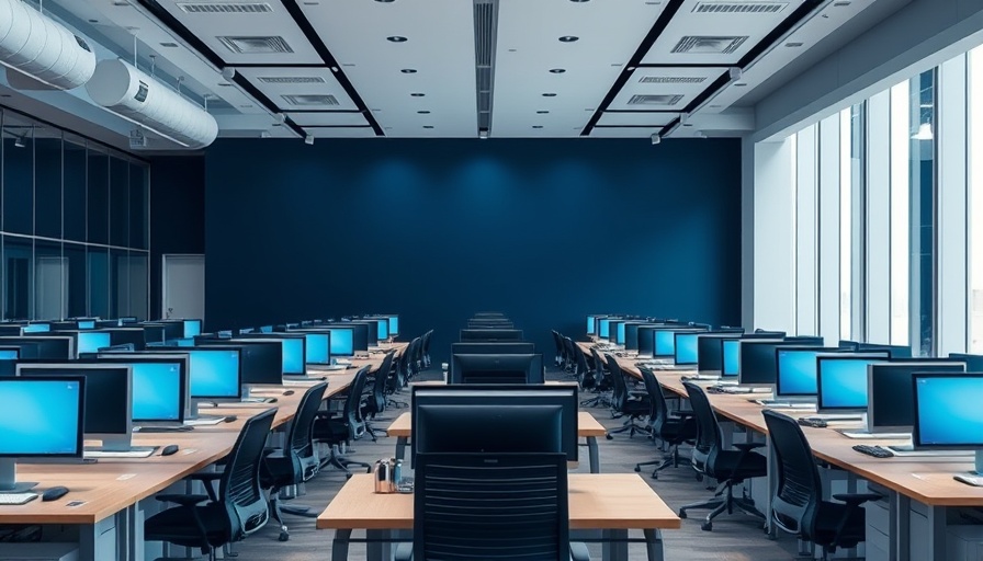 Office for AI-driven cybersecurity automation with desks and branding.