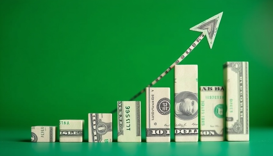 Financial growth depicted through money-themed graph with an upward trend arrow, representing generative AI spending.