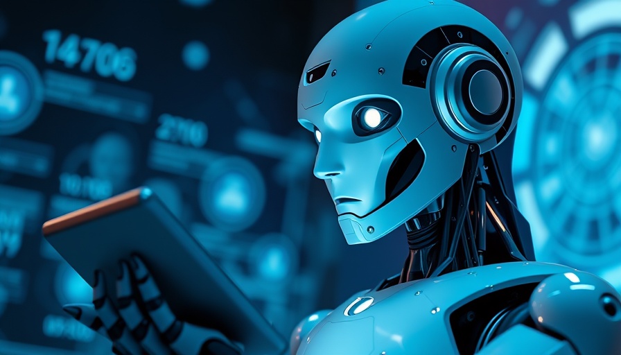 Futuristic humanoid robot with data tablet in advanced AI environment
