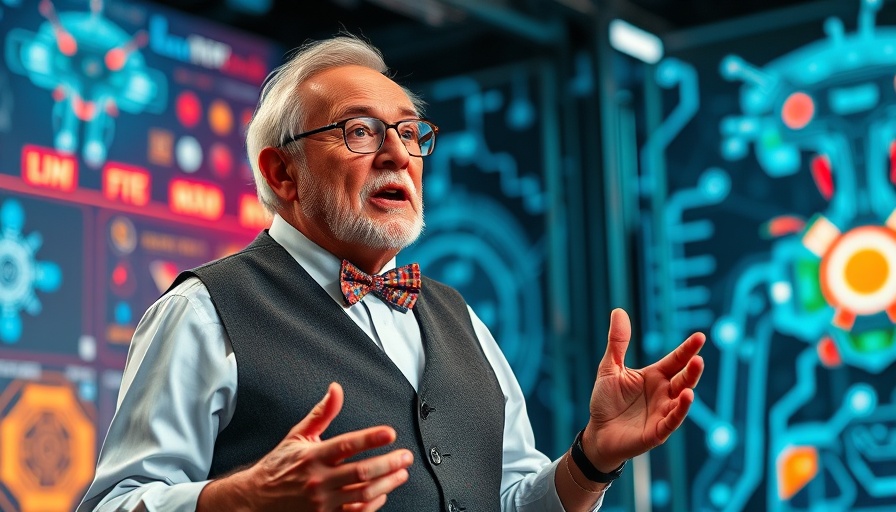 Elderly man speaking about wellbeing tech at a futuristic expo.