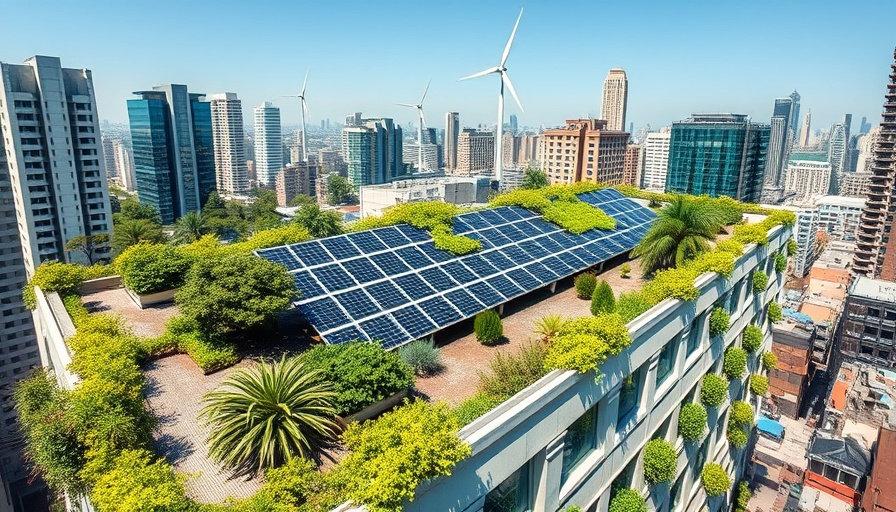 Sustainable urban rooftop with solar panels and wind turbines; climate-driven growth investments.