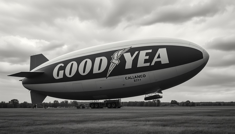 Vintage Goodyear blimp with retro graphics in open field.