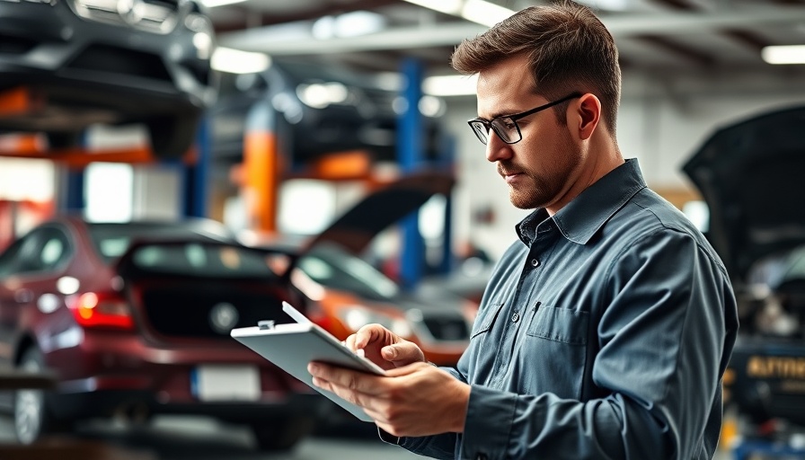 Technician performing remote video inspections with a tablet in a garage.